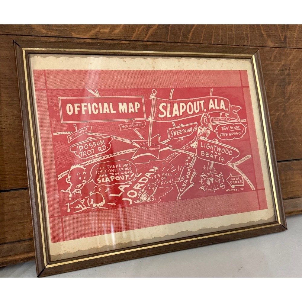 Vintage Framed Map Slapout Alabama 1970 Harigel Diner